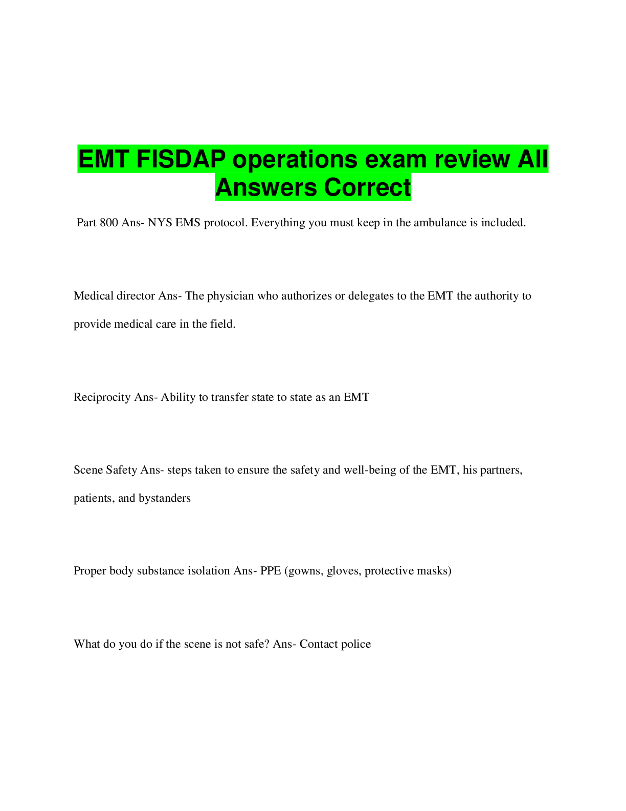 Preview image for EMT FISDAP operations exam review All  Answers Correct